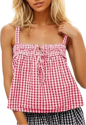 Womens Square Neck Gingham Camisole Summer Spaghetti Strap Backless Cami Shirt Y2k Peplum Babydoll Crop Tank Tops