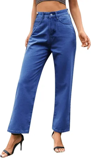 Women's Straight Leg Denim Pants High Waisted Rolled Hem Jeans Stretch Loose Casual Comfy Trendy Streetwear Trousers
