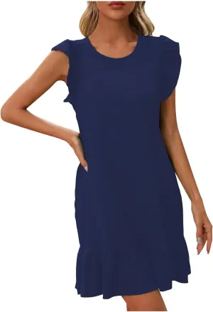 Women's Summer Dresses Round Neck Flutter Sleeveless Tank Dress Solid Color Flowy Ruffle Hem Mini Babydoll Dresses