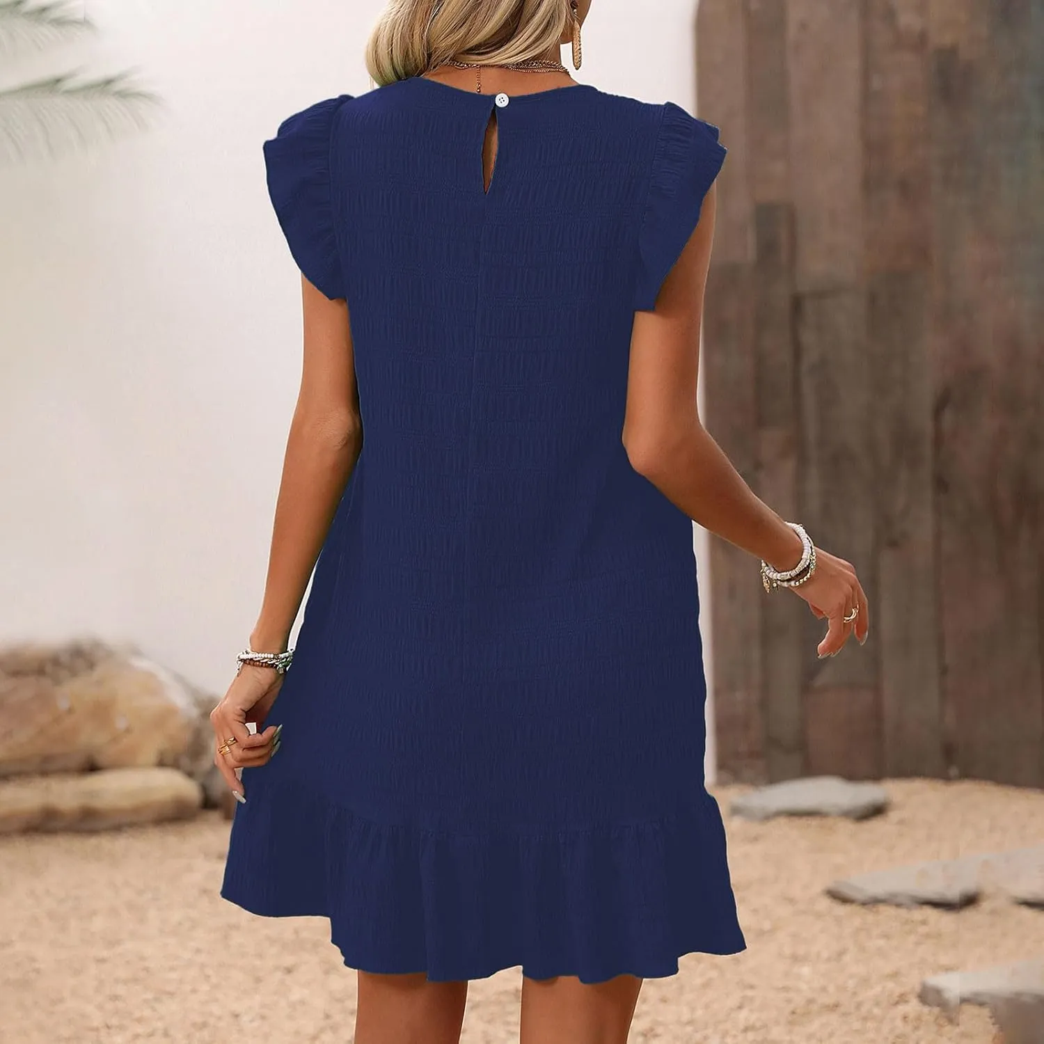 Women's Summer Dresses Round Neck Flutter Sleeveless Tank Dress Solid Color Flowy Ruffle Hem Mini Babydoll Dresses