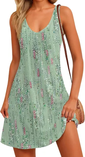 Womens Summer Dresses Sleeveless Beach V Neck Floral Sundresses Casual Boho Hawaiian Vacation A Line Mini Dresses