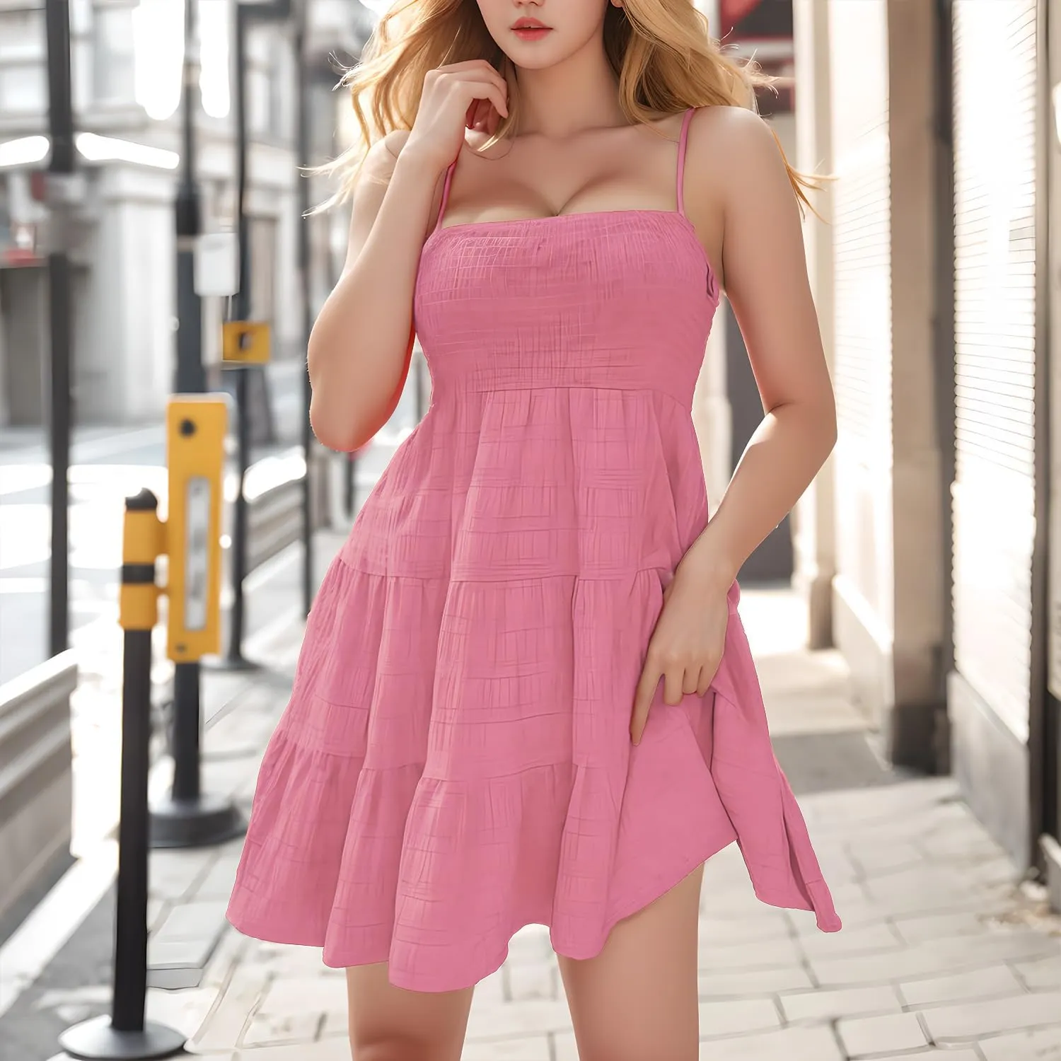 Womens Summer Floral Mini Dress Boho Flowy Skater Dresses Short Sleeveless Ruffle Spaghetti Strap Dress