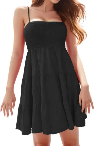 Womens Summer Floral Mini Dress Boho Flowy Skater Dresses Short Sleeveless Ruffle Spaghetti Strap Dress