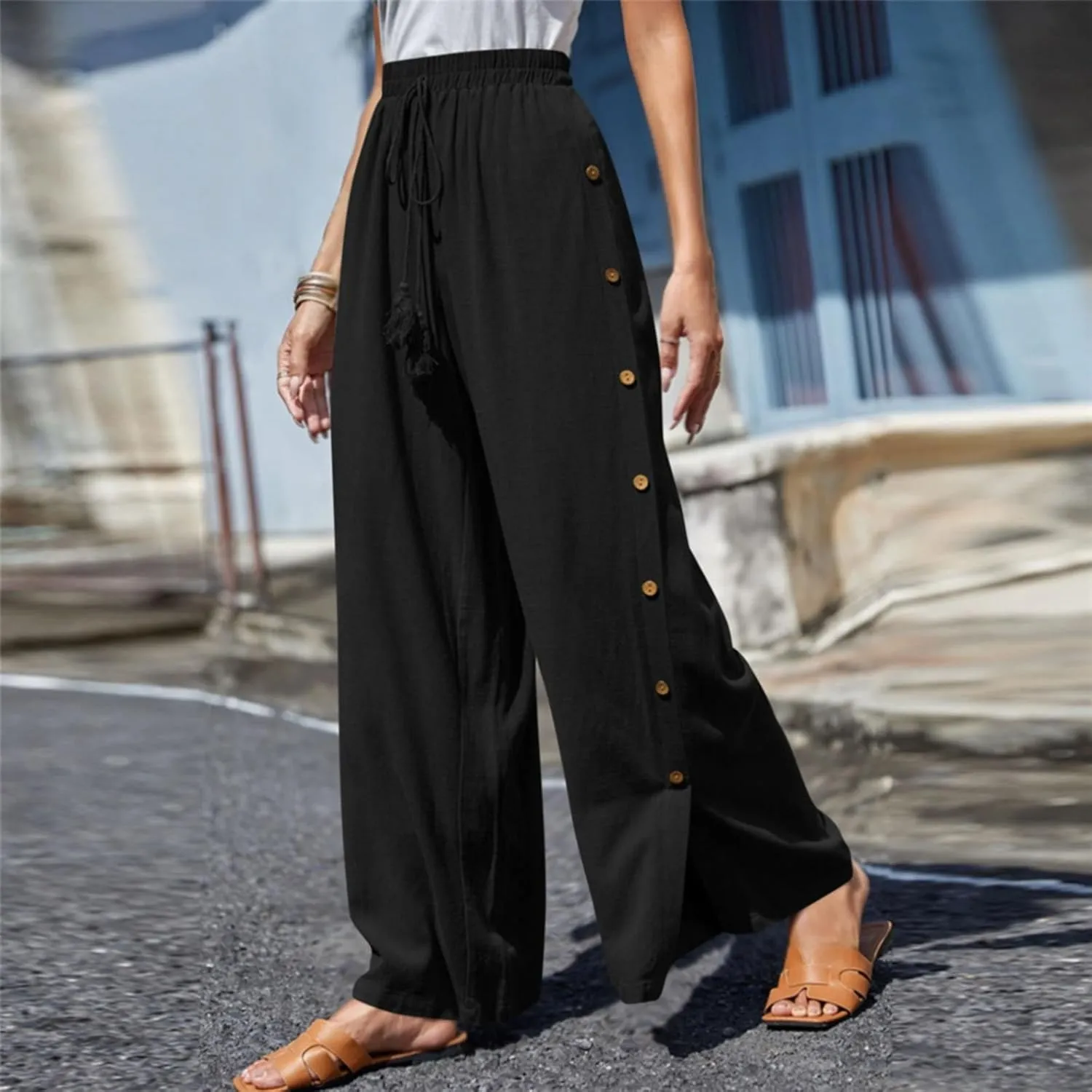 Womens Tear Away Basketball Pants Casual Summer High Split Snap Button Wide Leg Lounge Pants Workout Athletic Yoga Sweatpants