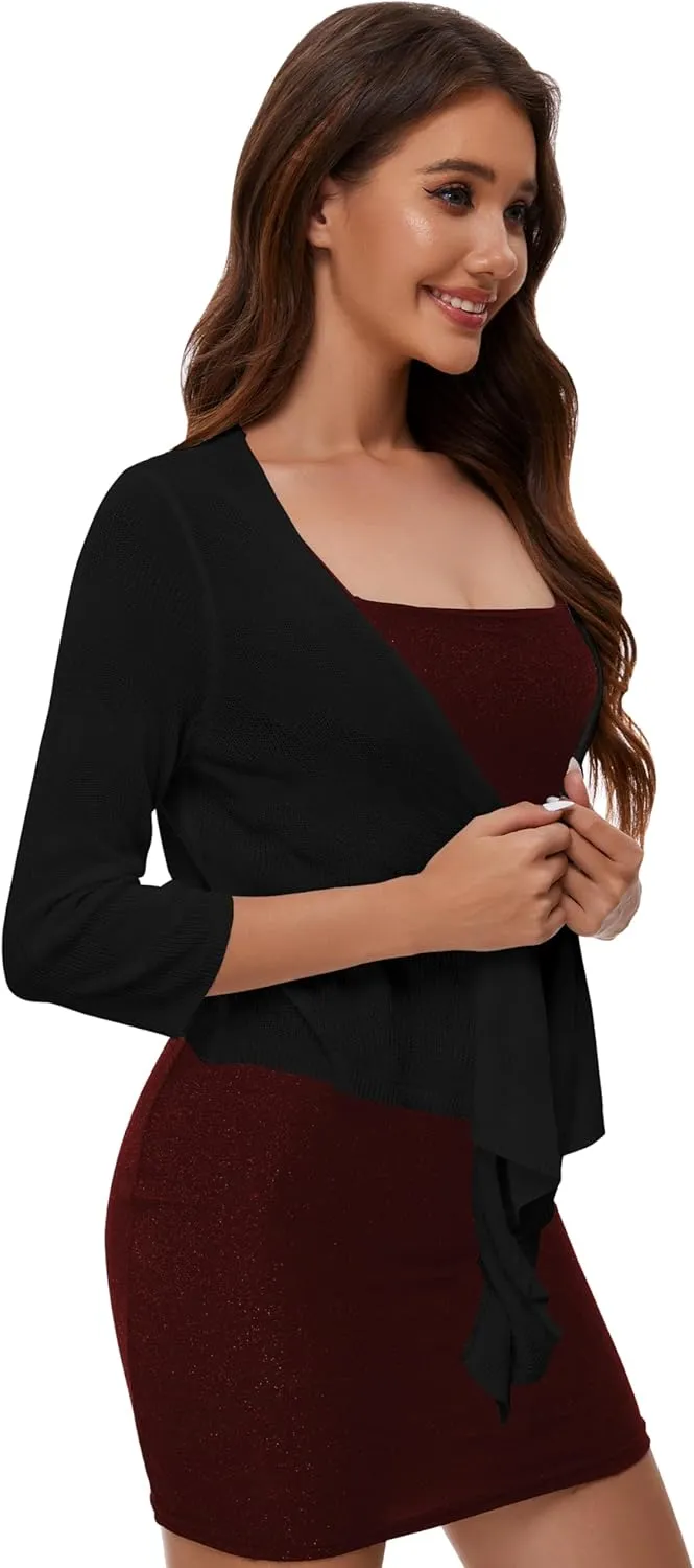 Women's Tie Front Bolero Cardigan Shrug Sweater 3/4 Sleeve Knotted Lightweight Short Shawl Top