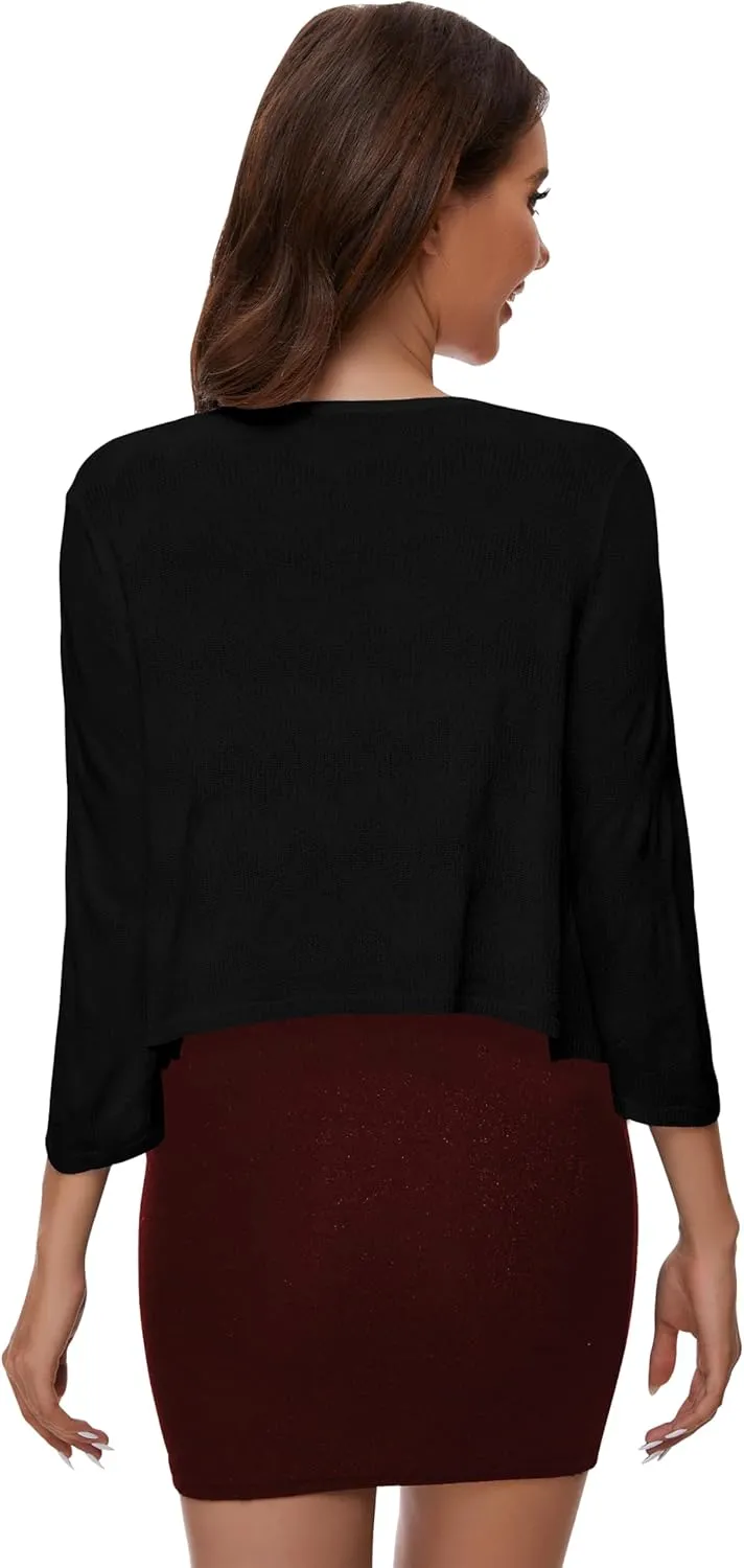 Women's Tie Front Bolero Cardigan Shrug Sweater 3/4 Sleeve Knotted Lightweight Short Shawl Top