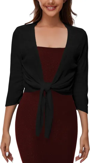 Women's Tie Front Bolero Cardigan Shrug Sweater 3/4 Sleeve Knotted Lightweight Short Shawl Top
