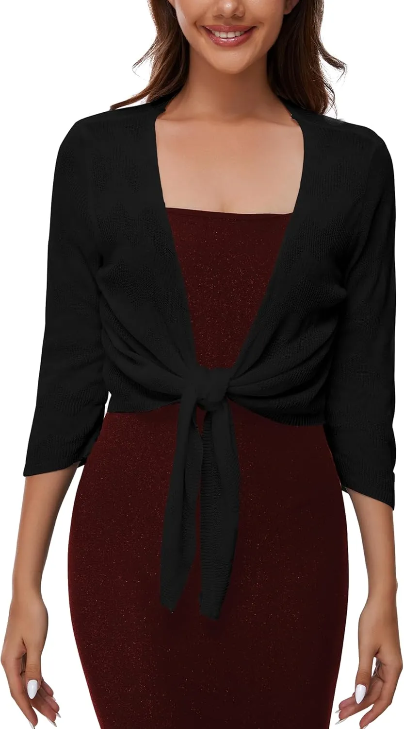 Women's Tie Front Bolero Cardigan Shrug Sweater 3/4 Sleeve Knotted Lightweight Short Shawl Top
