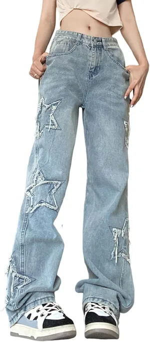 Womens Trendy High Waist Wide Leg Y2K Jeans Aesthetic Star Pants Teen Girls Boyfriend Loose Fit Star Embroidery Jeans