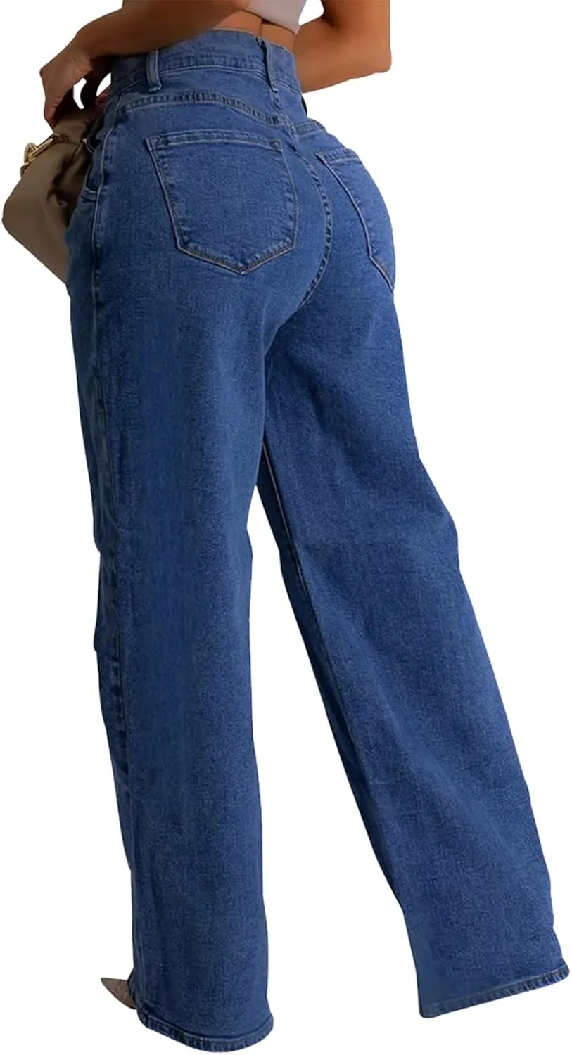 Women's Wide Leg Jeans Casual High Waist Stretchy Baggy Loose Trendy Denim Pants