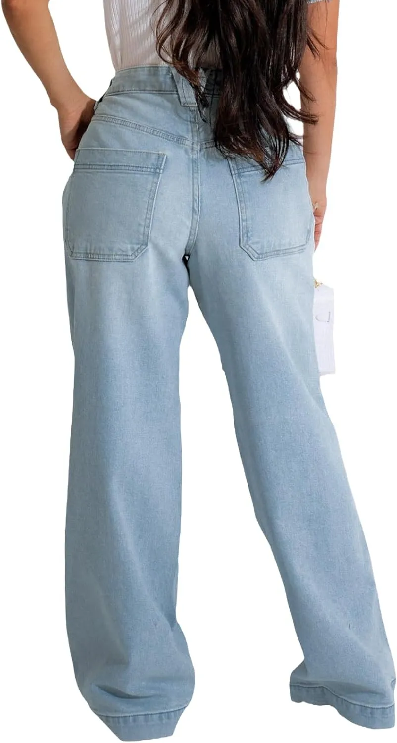 Women's Wide Leg Jeans Casual High Waist Stretchy Baggy Loose Trendy Denim Pants