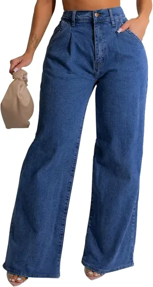 Women's Wide Leg Jeans Casual High Waist Stretchy Baggy Loose Trendy Denim Pants