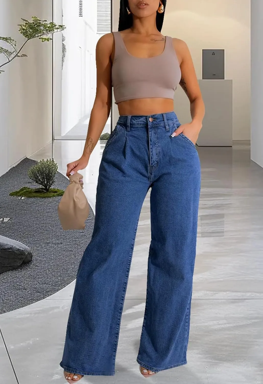 Women's Wide Leg Jeans Casual High Waist Stretchy Baggy Loose Trendy Denim Pants