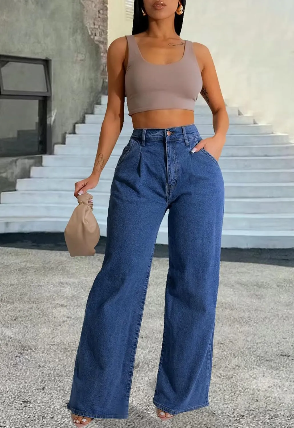 Women's Wide Leg Jeans Casual High Waist Stretchy Baggy Loose Trendy Denim Pants