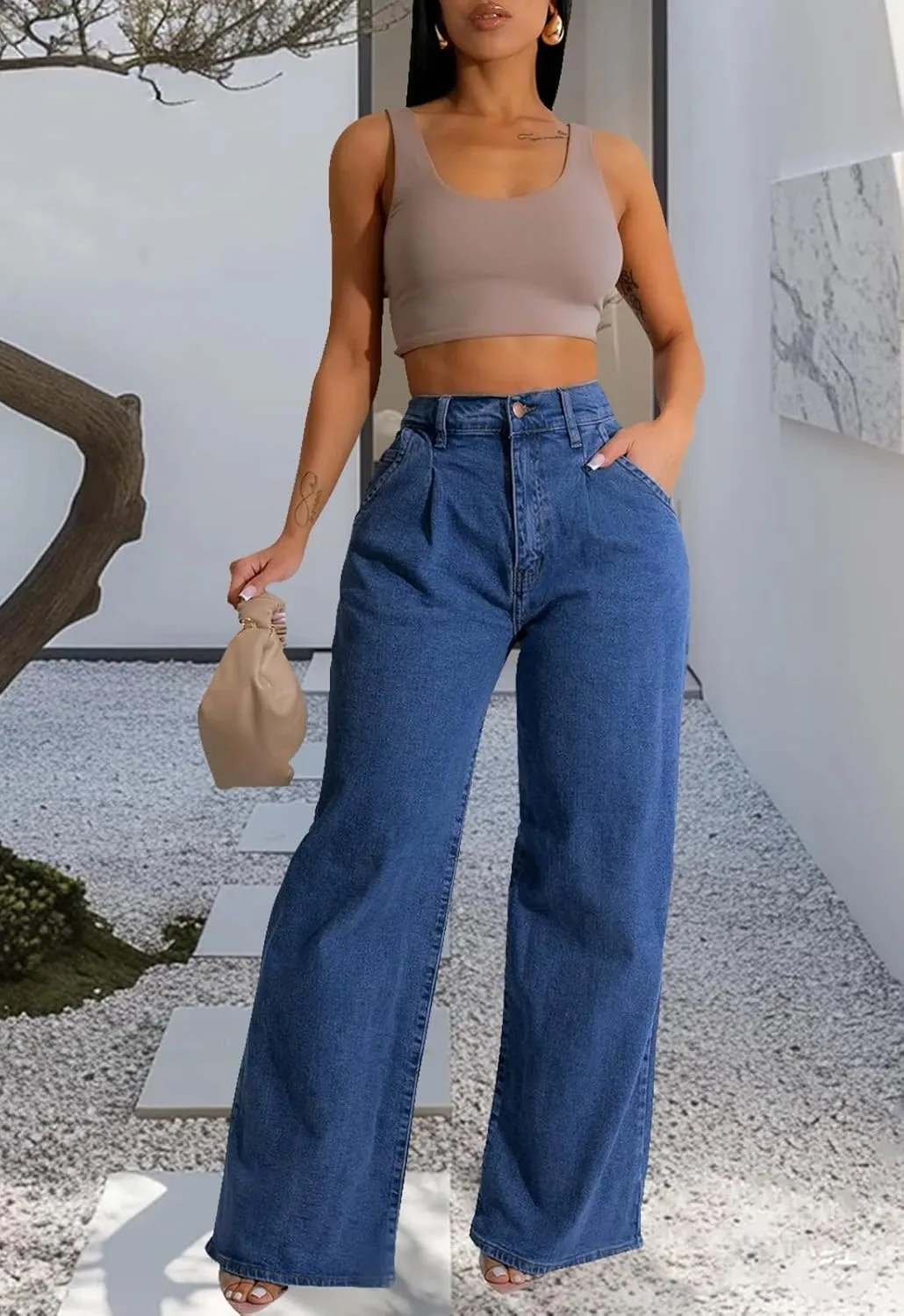 Women's Wide Leg Jeans Casual High Waist Stretchy Baggy Loose Trendy Denim Pants