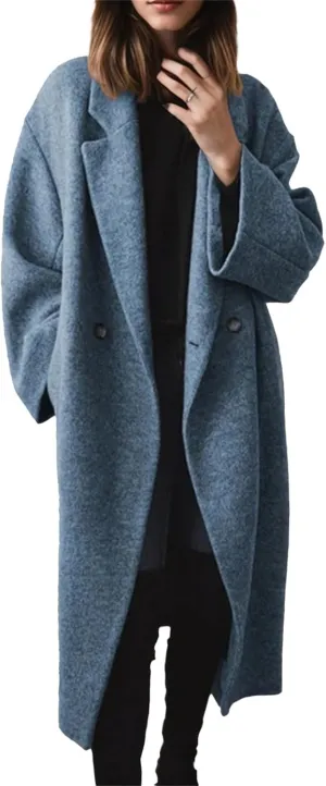 Women's Winter Notched Lapel Trench Coats Double-Breasted Pea Coat Casual Slouchy Overcoat Long Jacket Outerwear