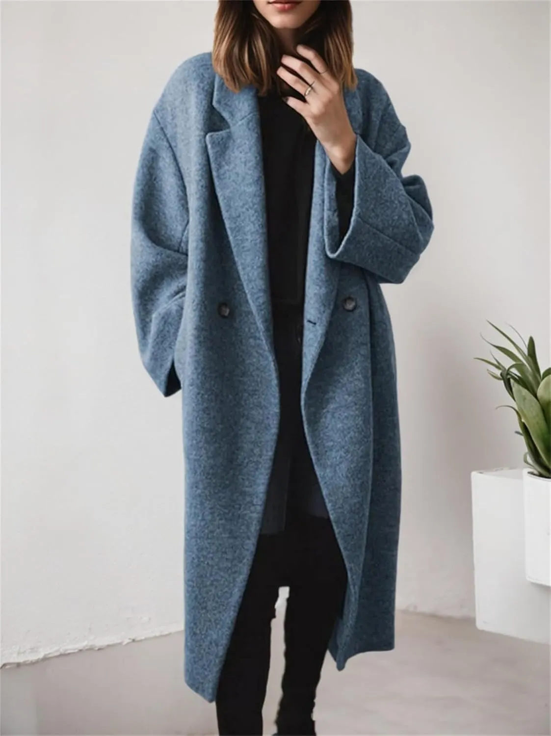 Women's Winter Notched Lapel Trench Coats Double-Breasted Pea Coat Casual Slouchy Overcoat Long Jacket Outerwear