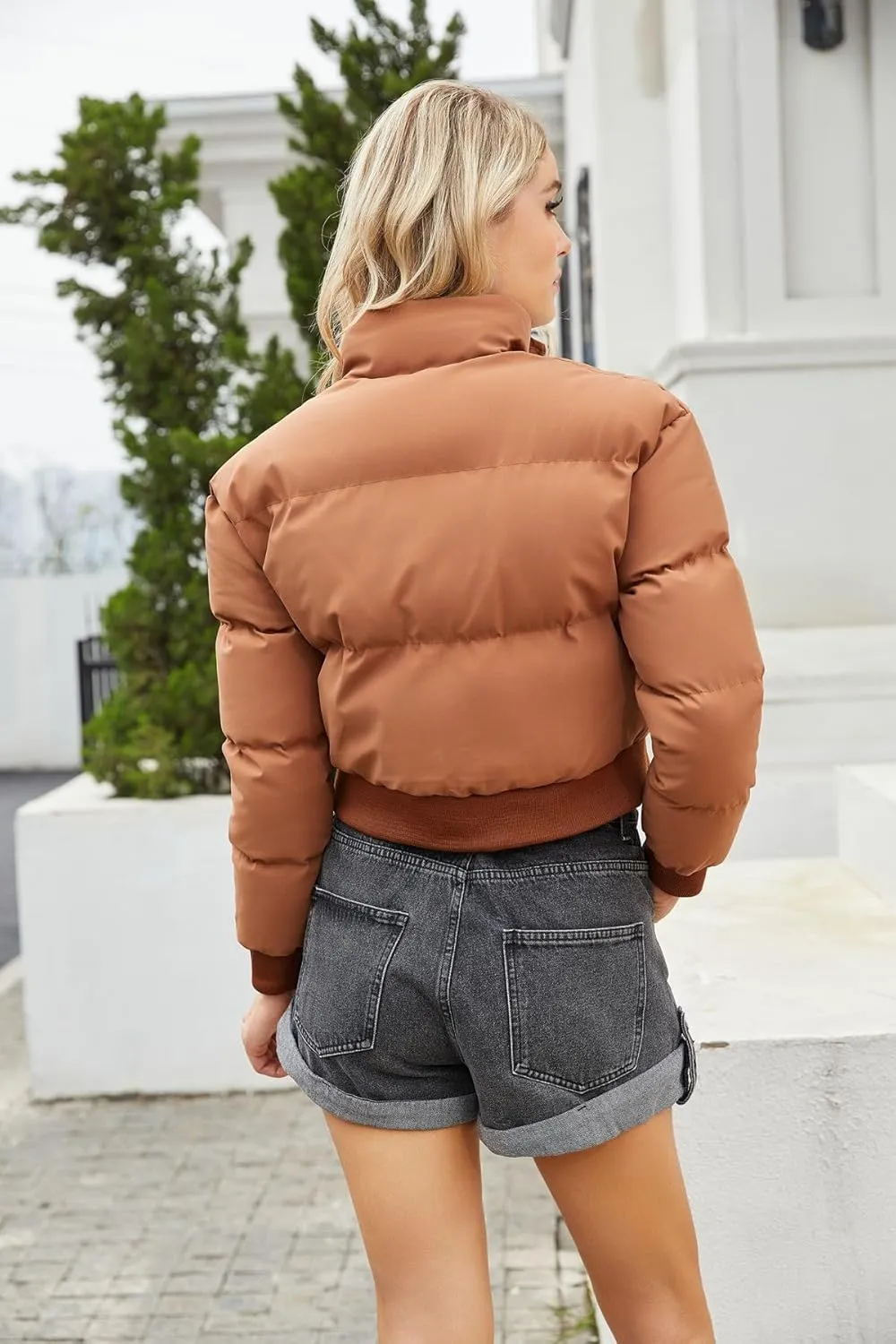 Women's Winter Puffer Jacket, High Neck, Short Length, Long Sleeve, Casual Fit, Cotton Padded Coat