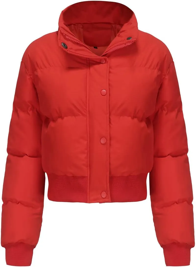 Women's Winter Puffer Jacket, High Neck, Short Length, Long Sleeve, Casual Fit, Cotton Padded Coat