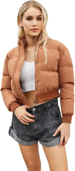 Women's Winter Puffer Jacket, High Neck, Short Length, Long Sleeve, Casual Fit, Cotton Padded Coat