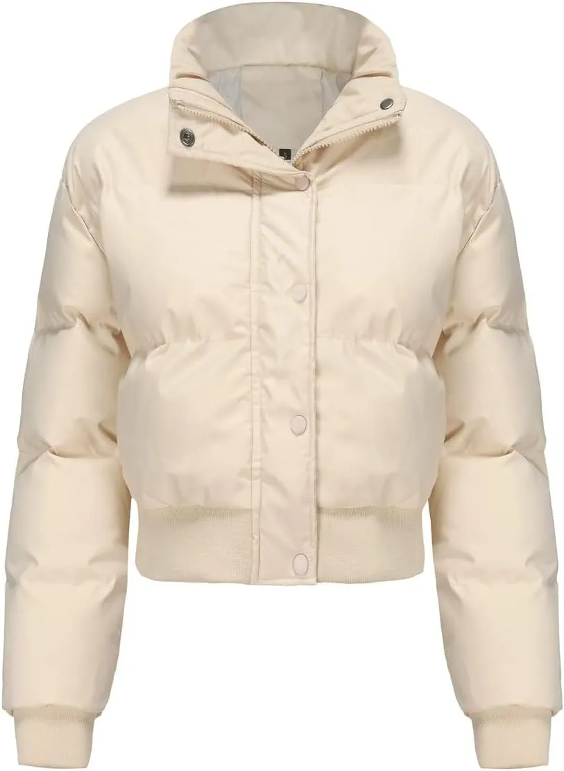 Women's Winter Puffer Jacket, High Neck, Short Length, Long Sleeve, Casual Fit, Cotton Padded Coat