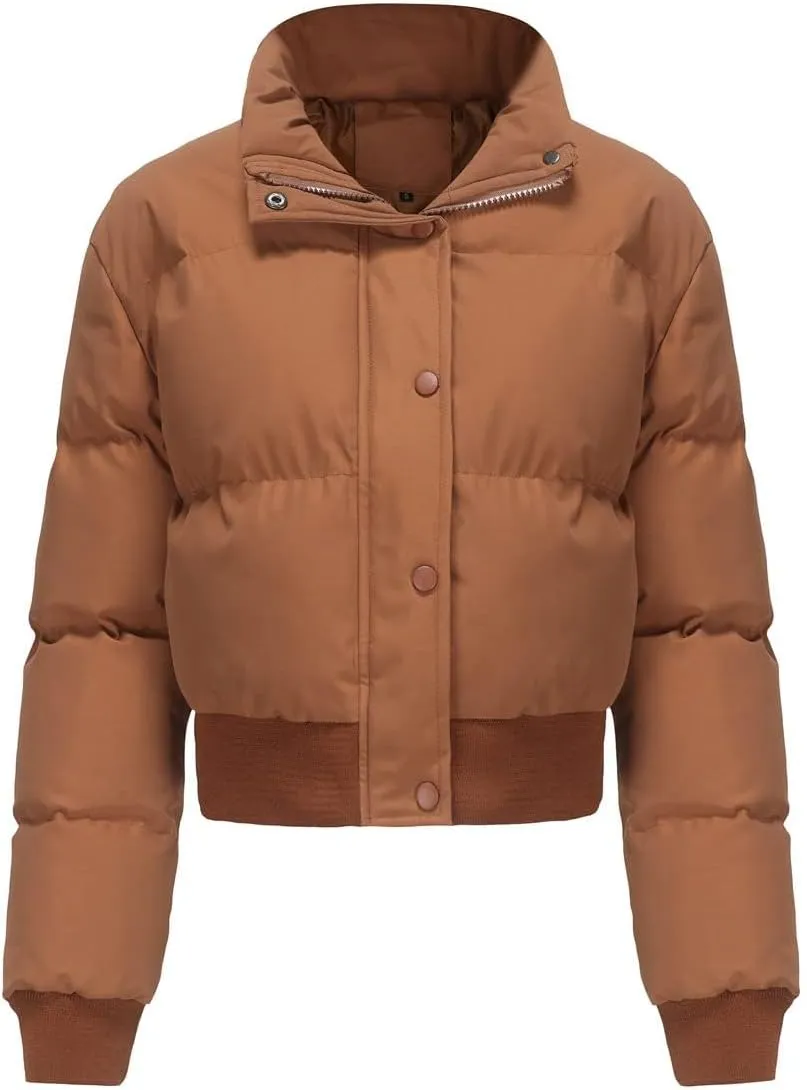 Women's Winter Puffer Jacket, High Neck, Short Length, Long Sleeve, Casual Fit, Cotton Padded Coat