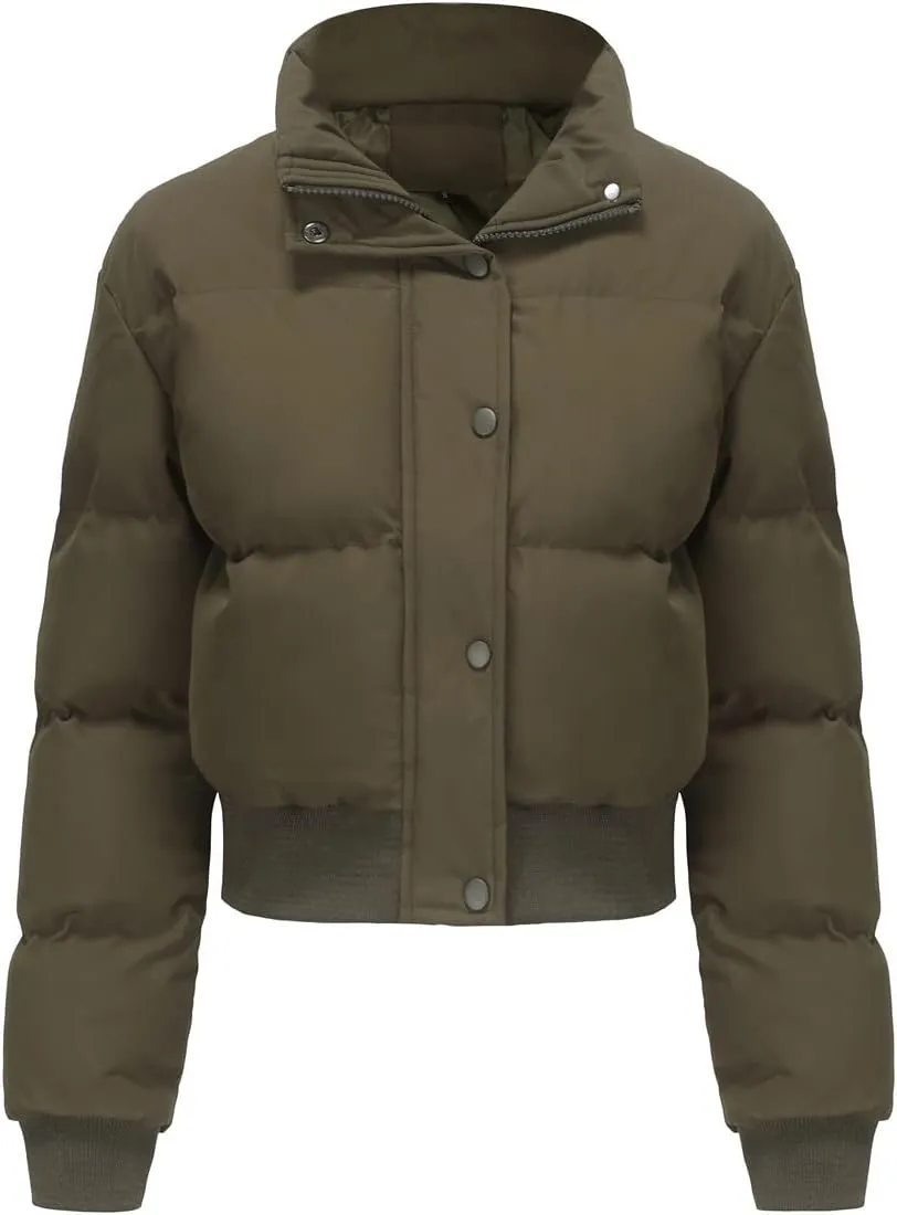 Women's Winter Puffer Jacket, High Neck, Short Length, Long Sleeve, Casual Fit, Cotton Padded Coat