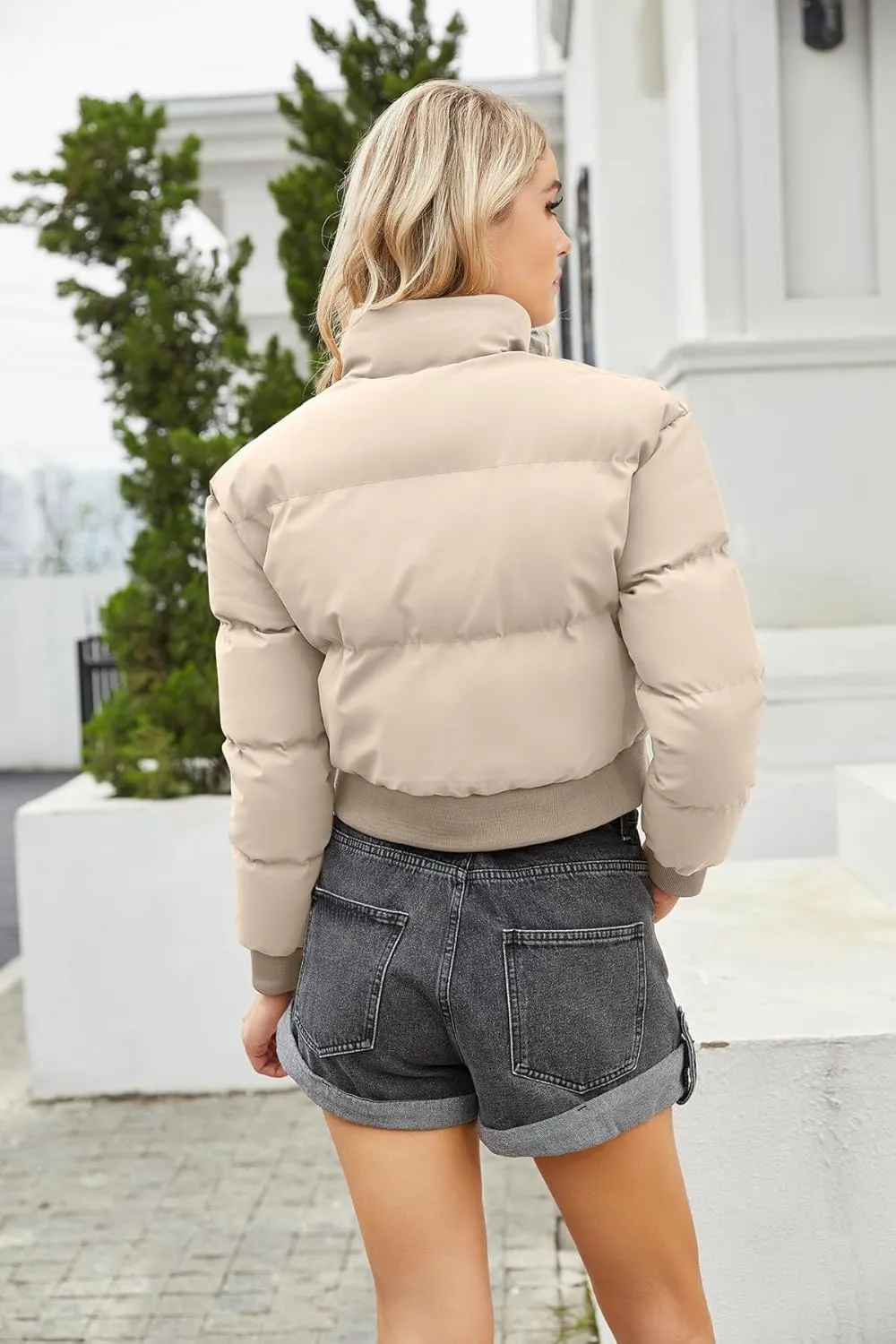 Women's Winter Puffer Jacket, High Neck, Short Length, Long Sleeve, Casual Fit, Cotton Padded Coat