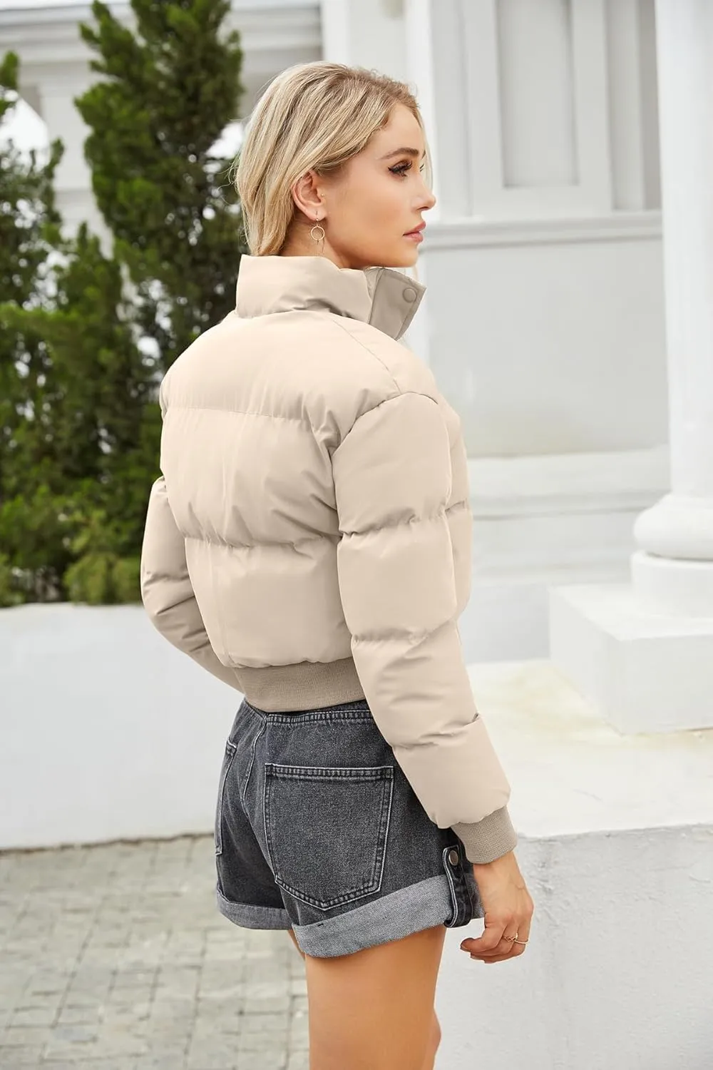 Women's Winter Puffer Jacket, High Neck, Short Length, Long Sleeve, Casual Fit, Cotton Padded Coat