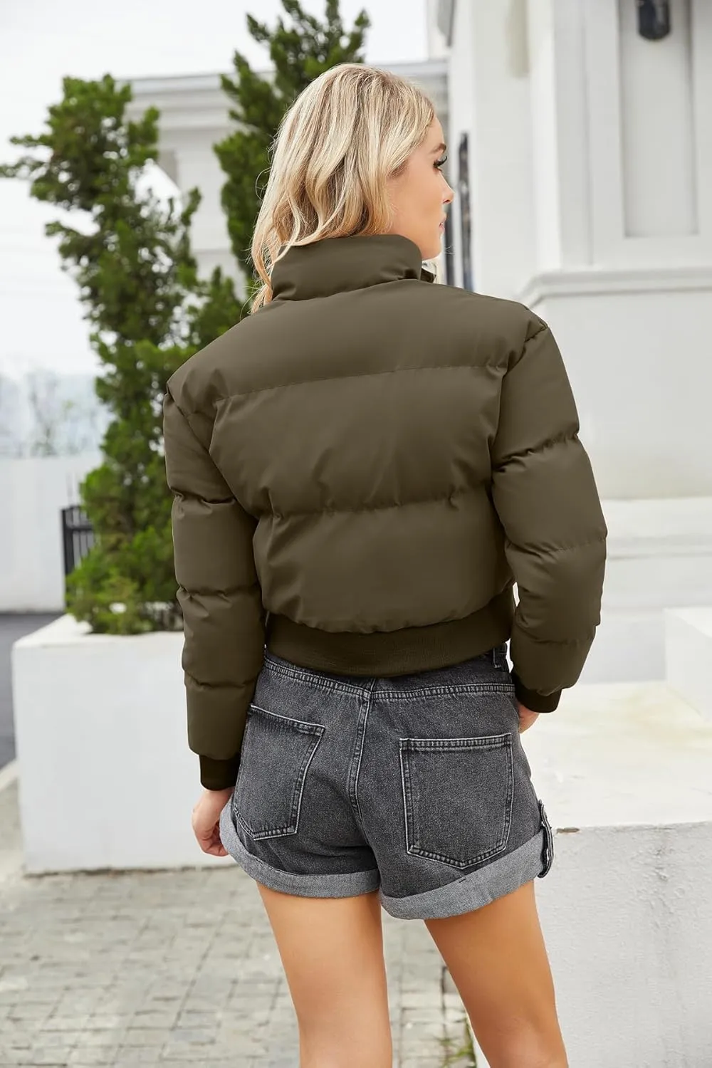 Women's Winter Puffer Jacket, High Neck, Short Length, Long Sleeve, Casual Fit, Cotton Padded Coat