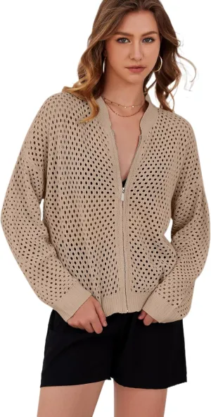 Womens Zip Up Crochet Cardigan Sweater Oversized Long Sleeve Hollow Out Knit Bomber Jacket Fishnet Sweaters
