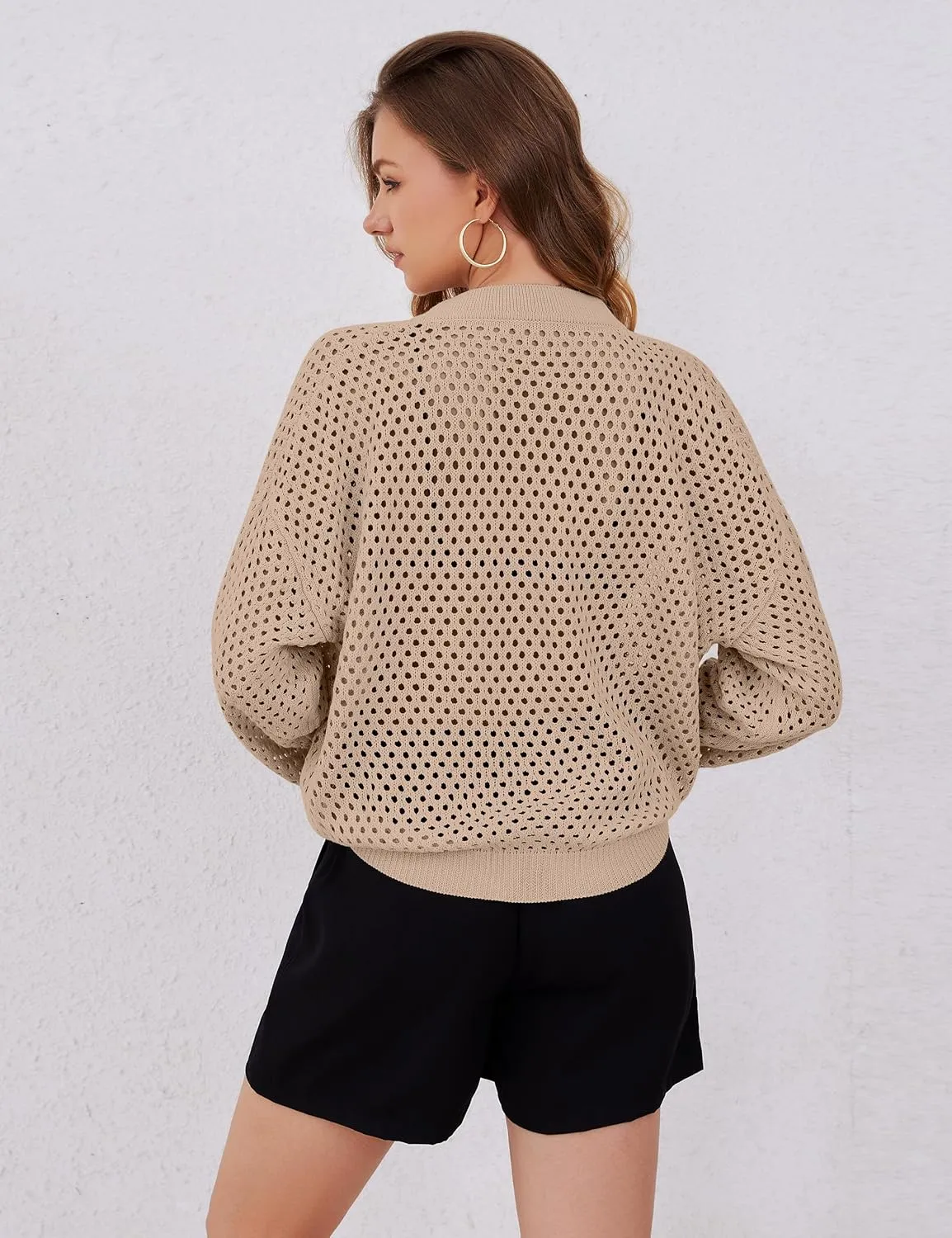 Womens Zip Up Crochet Cardigan Sweater Oversized Long Sleeve Hollow Out Knit Bomber Jacket Fishnet Sweaters
