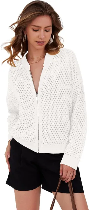 Womens Zip Up Crochet Cardigan Sweater Oversized Long Sleeve Hollow Out Knit Bomber Jacket Fishnet Sweaters