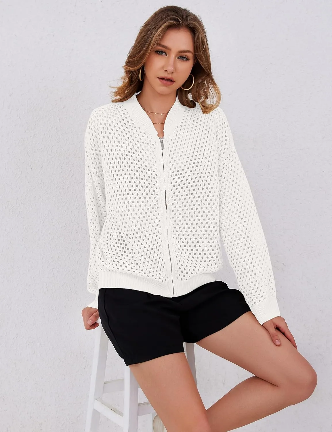 Womens Zip Up Crochet Cardigan Sweater Oversized Long Sleeve Hollow Out Knit Bomber Jacket Fishnet Sweaters