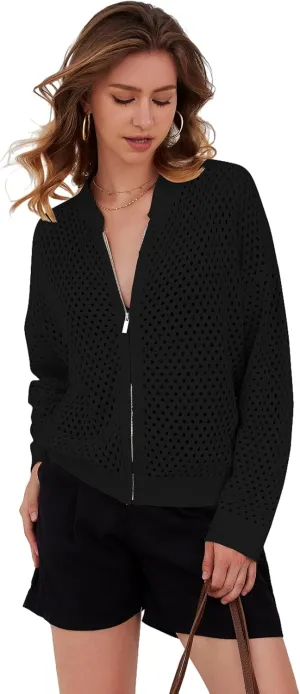 Womens Zip Up Crochet Cardigan Sweater Oversized Long Sleeve Hollow Out Knit Bomber Jacket Fishnet Sweaters