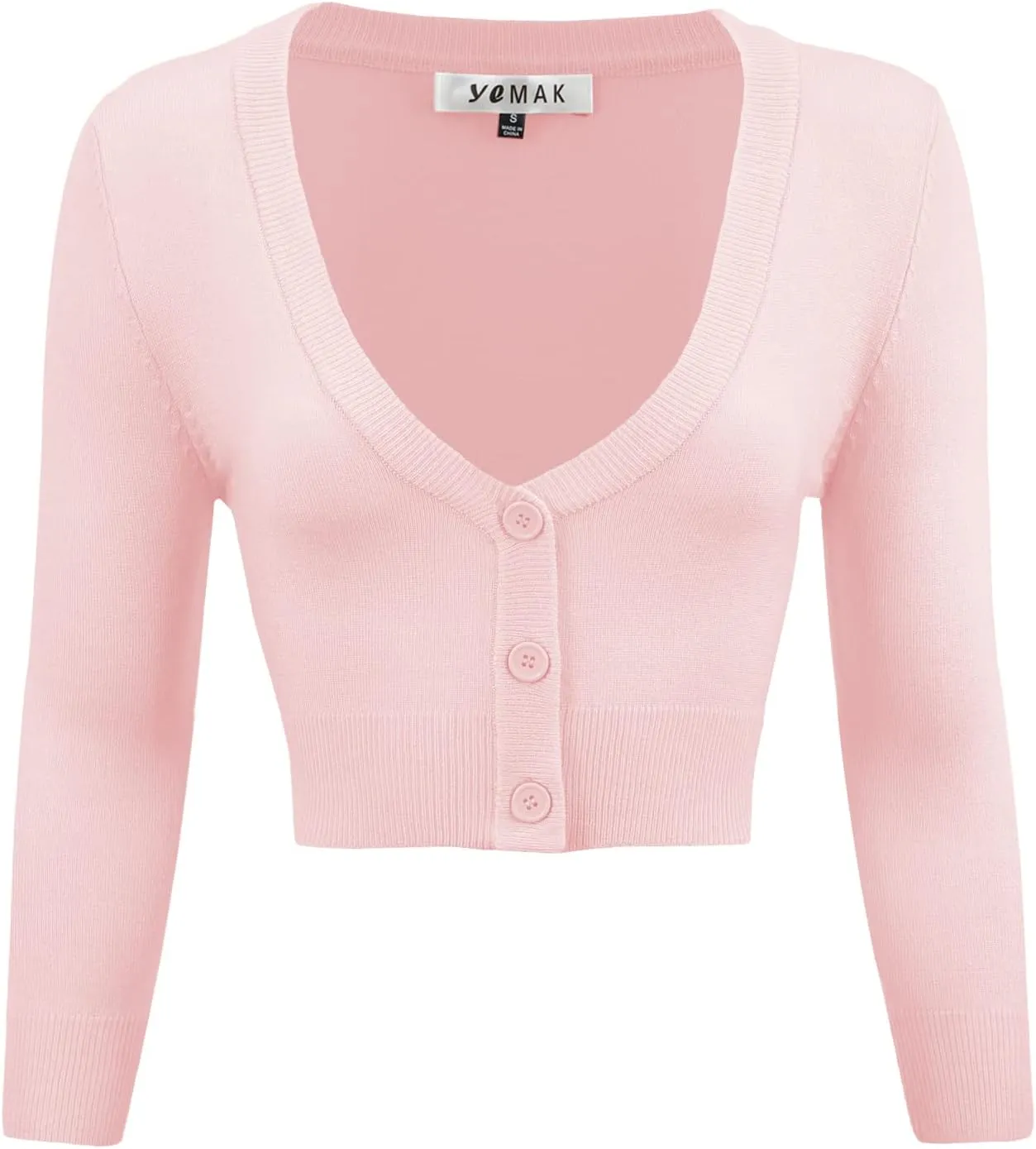 YEMAK Women's Cropped Bolero Cardigan  3/4 Sleeve V-Neck Basic Classic Casual Button Down Knit Soft Sweater Top (S-4XL)