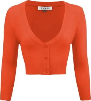 YEMAK Women's Cropped Bolero Cardigan  3/4 Sleeve V-Neck Basic Classic Casual Button Down Knit Soft Sweater Top (S-4XL)