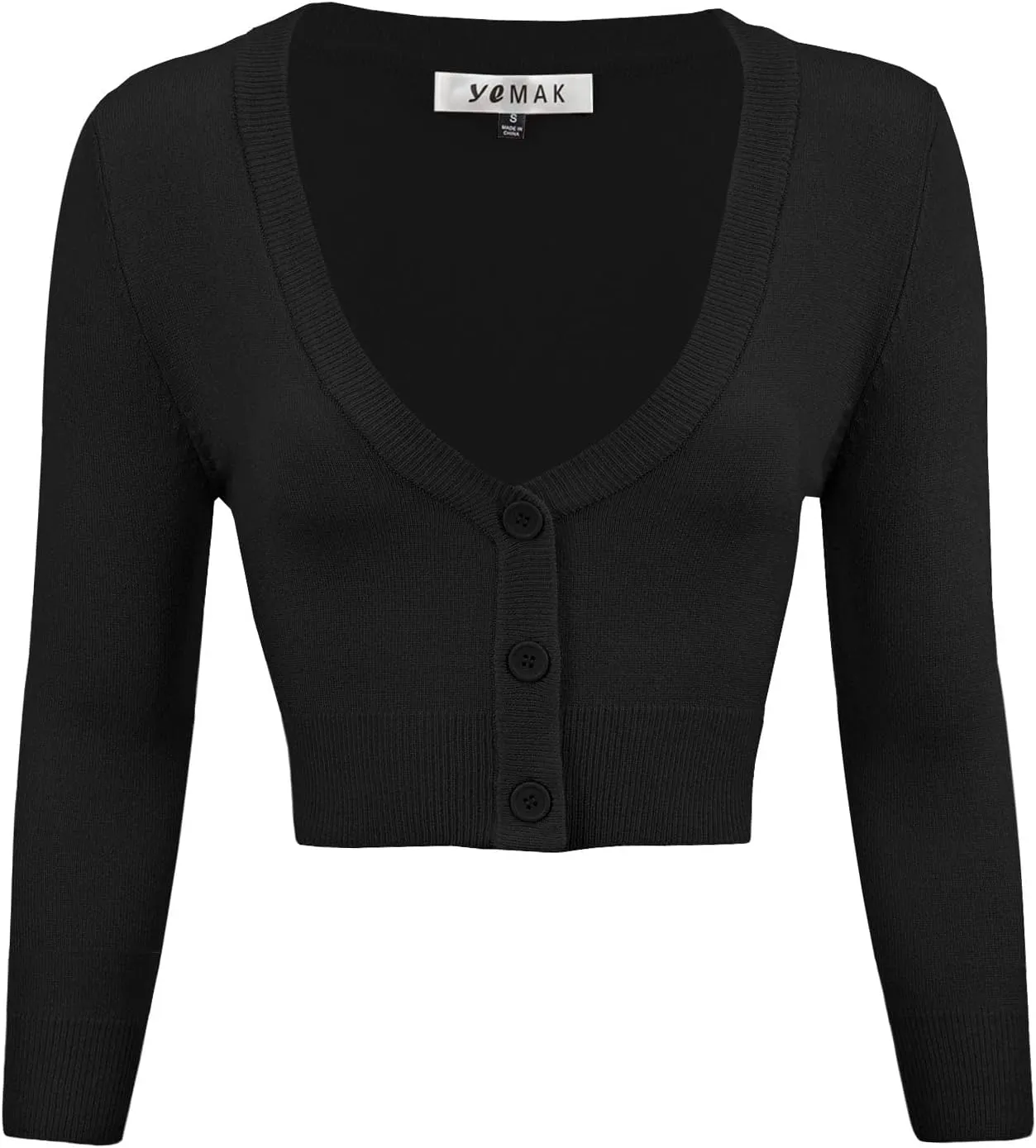 YEMAK Women's Cropped Bolero Cardigan  3/4 Sleeve V-Neck Basic Classic Casual Button Down Knit Soft Sweater Top (S-4XL)
