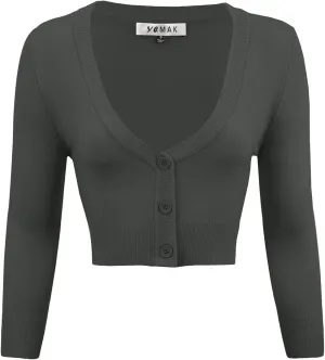 YEMAK Women's Cropped Bolero Cardigan  3/4 Sleeve V-Neck Basic Classic Casual Button Down Knit Soft Sweater Top (S-4XL)
