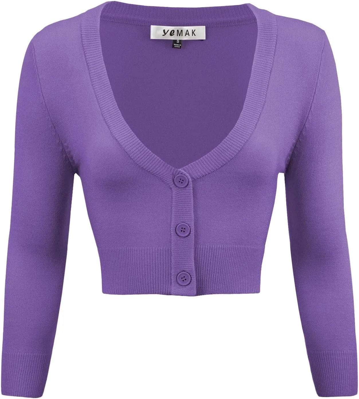 YEMAK Women's Cropped Bolero Cardigan  3/4 Sleeve V-Neck Basic Classic Casual Button Down Knit Soft Sweater Top (S-4XL)
