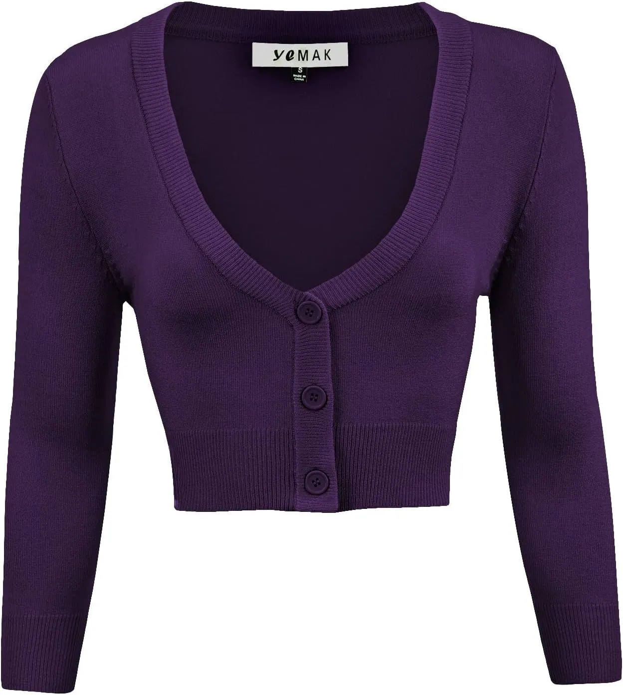YEMAK Women's Cropped Bolero Cardigan  3/4 Sleeve V-Neck Basic Classic Casual Button Down Knit Soft Sweater Top (S-4XL)