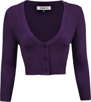 YEMAK Women's Cropped Bolero Cardigan  3/4 Sleeve V-Neck Basic Classic Casual Button Down Knit Soft Sweater Top (S-4XL)
