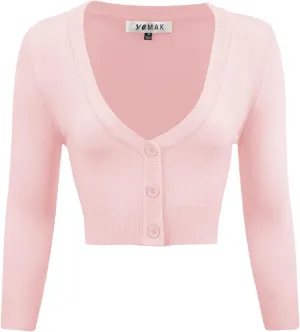YEMAK Women's Cropped Bolero Cardigan  3/4 Sleeve V-Neck Basic Classic Casual Button Down Knit Soft Sweater Top (S-4XL)