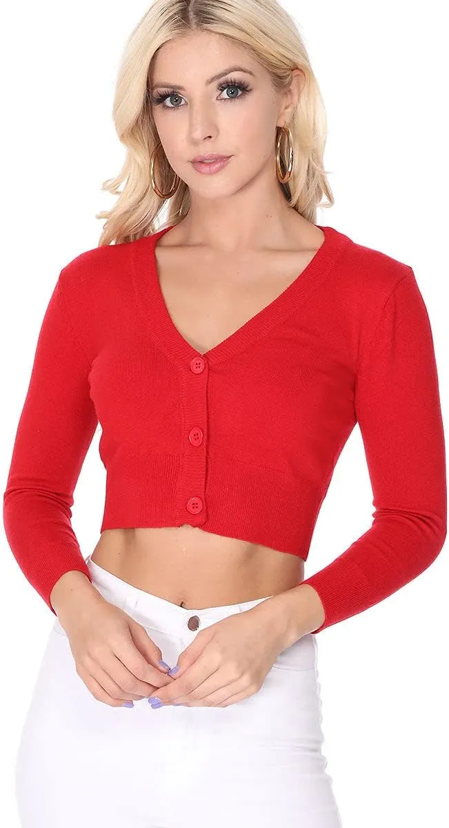 YEMAK Women's Cropped Bolero Cardigan  3/4 Sleeve V-Neck Basic Classic Casual Button Down Knit Soft Sweater Top (S-4XL)