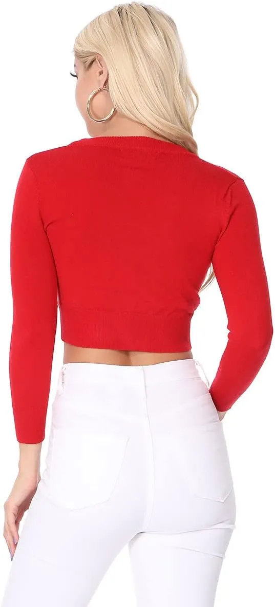 YEMAK Women's Cropped Bolero Cardigan  3/4 Sleeve V-Neck Basic Classic Casual Button Down Knit Soft Sweater Top (S-4XL)