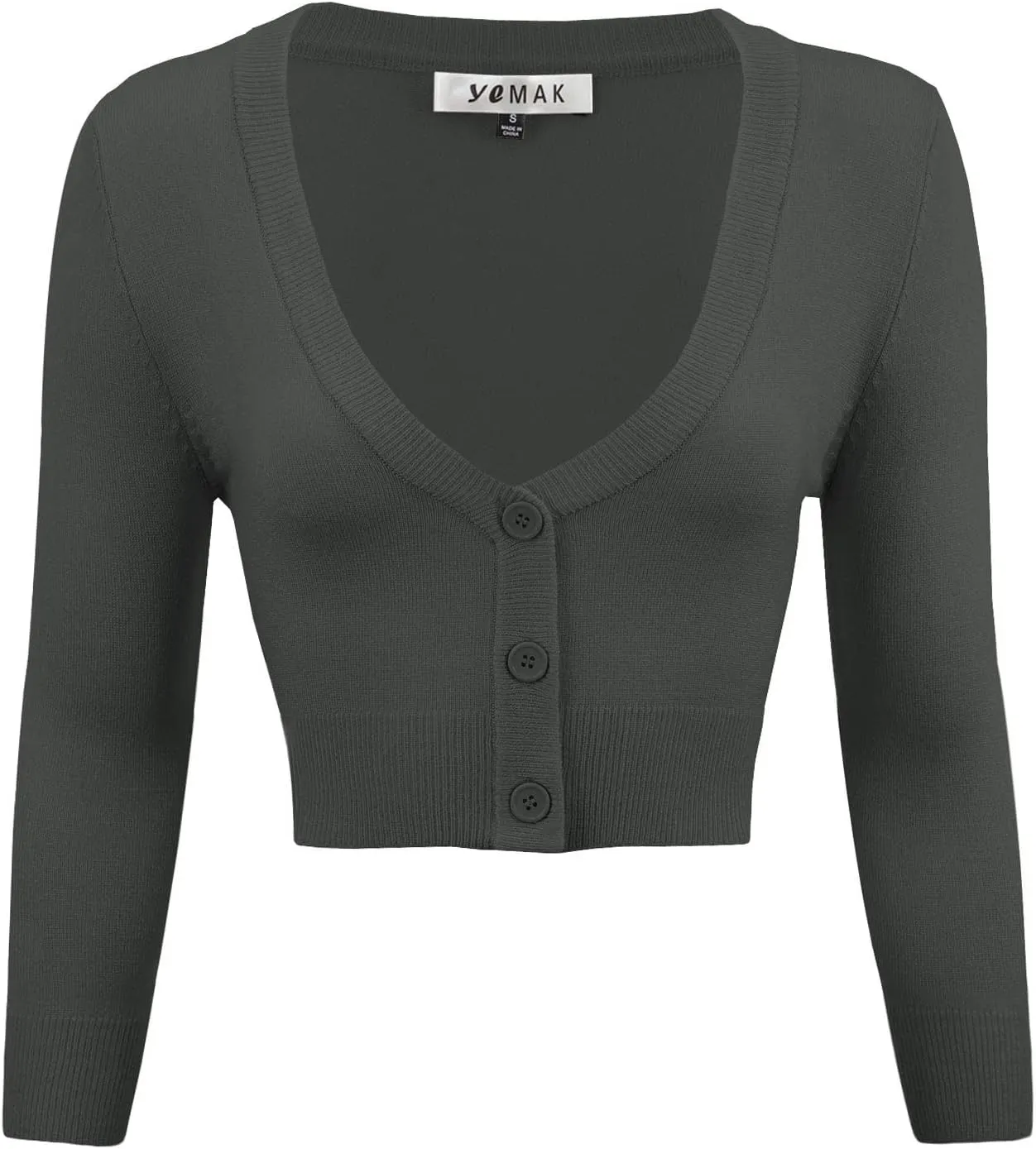 YEMAK Women's Cropped Bolero Cardigan  3/4 Sleeve V-Neck Basic Classic Casual Button Down Knit Soft Sweater Top (S-4XL)