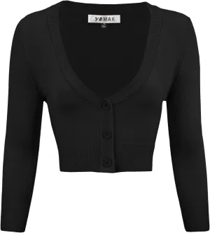 YEMAK Women's Cropped Bolero Cardigan  3/4 Sleeve V-Neck Basic Classic Casual Button Down Knit Soft Sweater Top (S-4XL)
