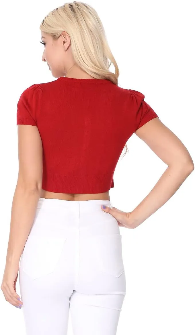 YEMAK Women's Cropped Bolero Cardigan  Short Sleeve Crewneck Basic Classic Casual Button Down Knit Soft Sweater Knitted Top