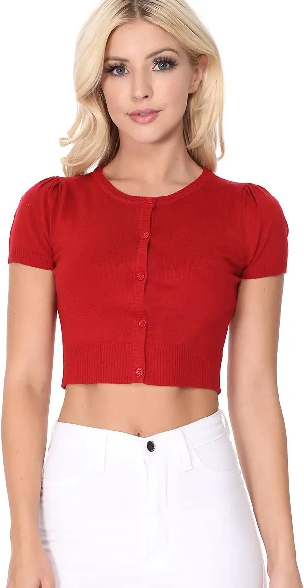YEMAK Women's Cropped Bolero Cardigan  Short Sleeve Crewneck Basic Classic Casual Button Down Knit Soft Sweater Knitted Top
