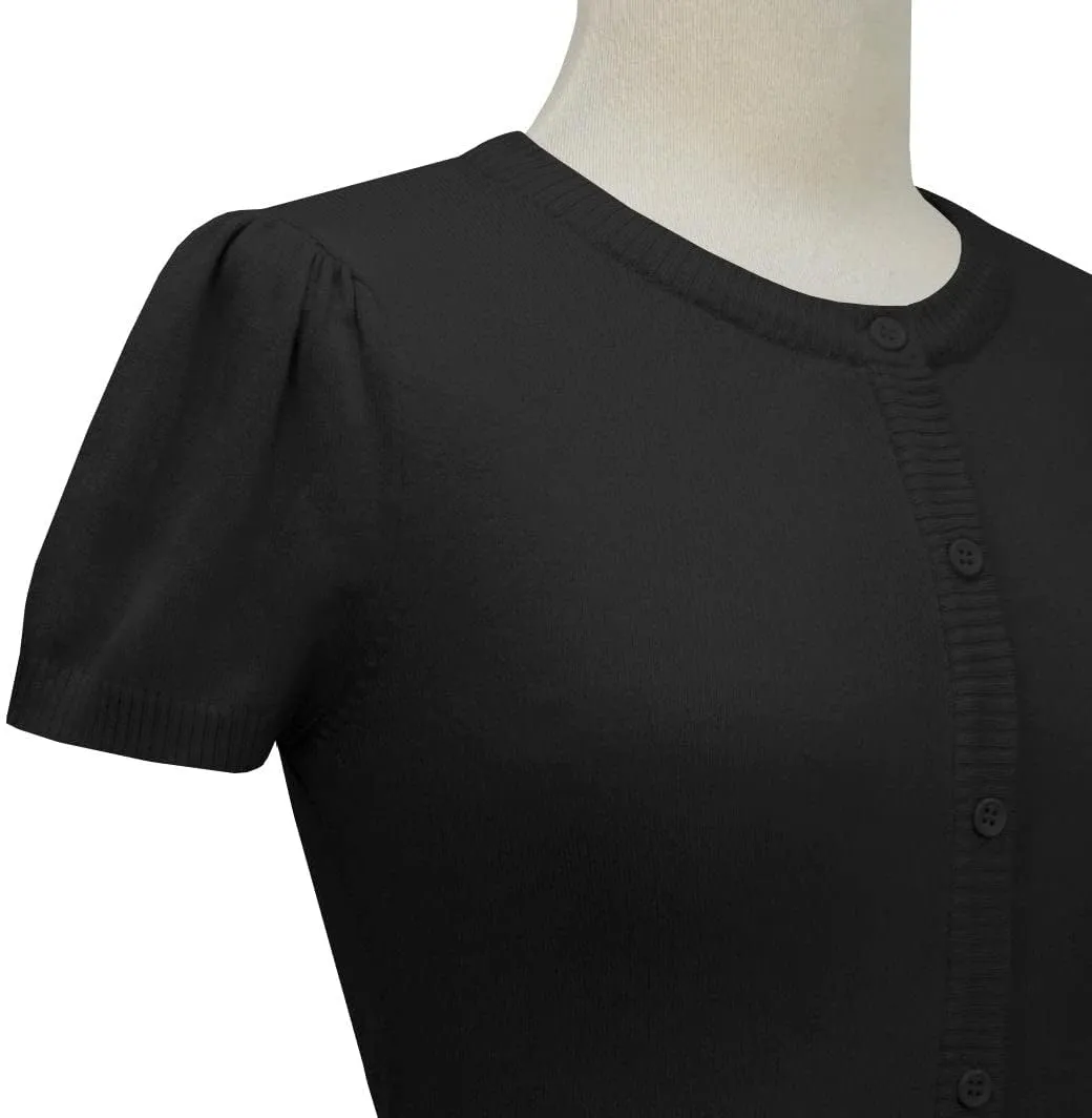 YEMAK Women's Cropped Bolero Cardigan  Short Sleeve Crewneck Basic Classic Casual Button Down Knit Soft Sweater Knitted Top